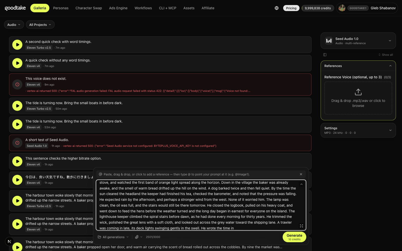 Seed Audio 1.0 with a 2,501 character prompt showing 2501/3000 in the composer footer