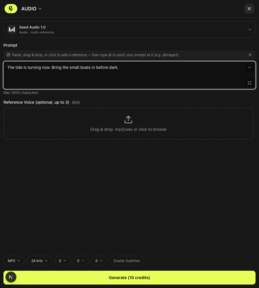 Sidebar layout with Seed Audio 1.0 and a short prompt showing Max 3000 characters