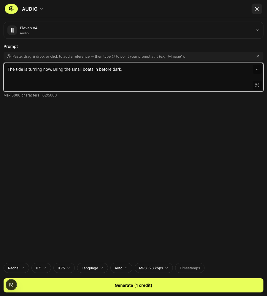 Sidebar layout with Eleven v4 showing Max 5000 characters and 62/5000